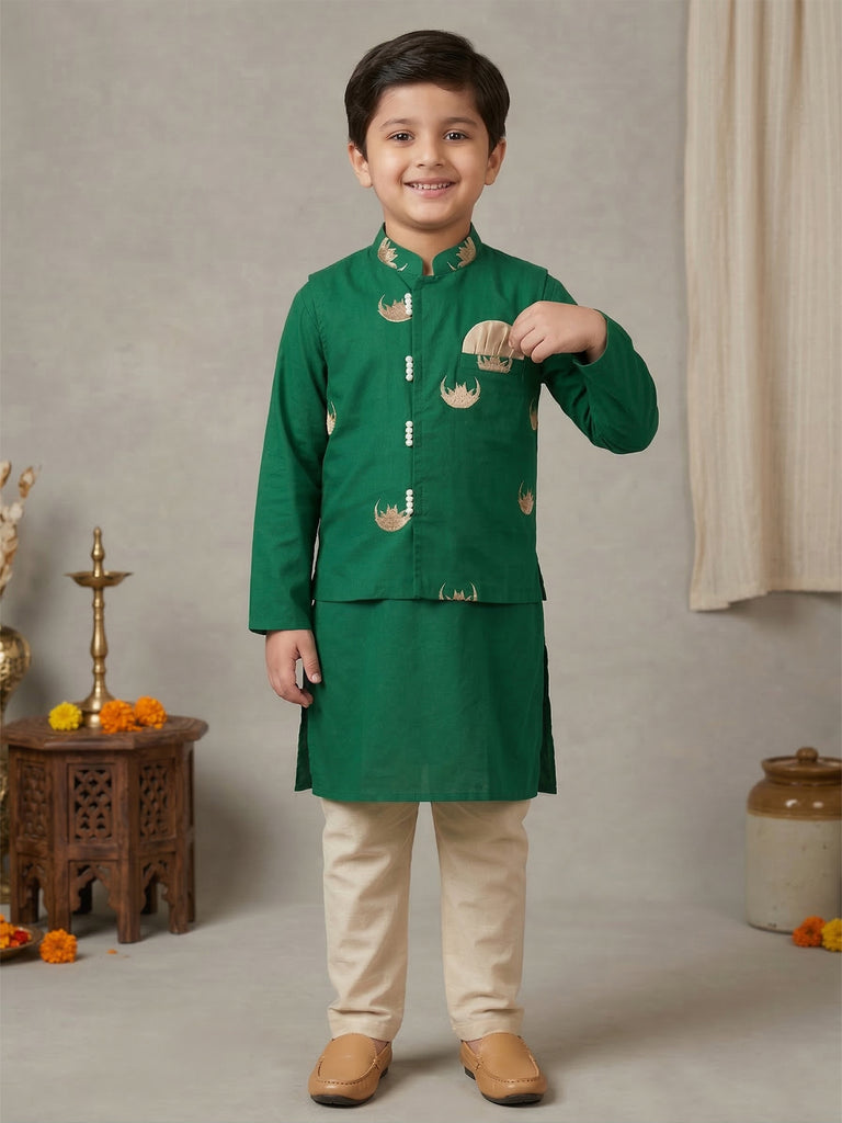 Pspeaches Boy Green Ethnic Solid Straight Fit Cotton Kurta & Pyjamas With  Moon print Jacket (Sku-Kp-Greenmoon)