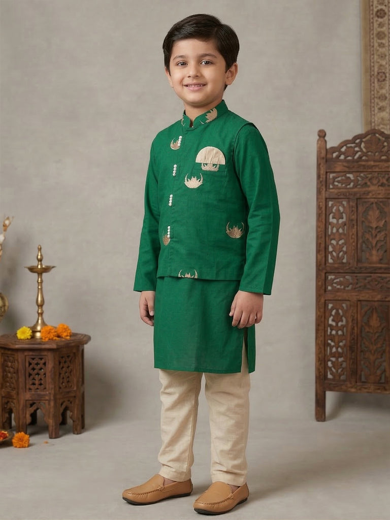 Pspeaches Boy Green Ethnic Solid Straight Fit Cotton Kurta & Pyjamas With  Moon print Jacket (Sku-Kp-Greenmoon)