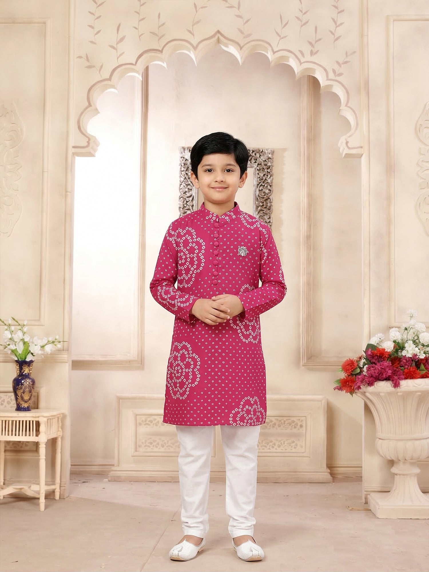 Pspeaches Boy Magenta Ethnic Bandhani Straight Fit Cotton Kurta With Pyjamas (Sku-Kp-Magentabandhni)