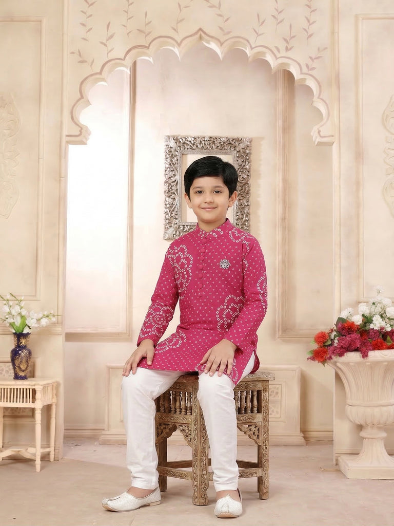 Pspeaches Boy Magenta Ethnic Bandhani Straight Fit Cotton Kurta With Pyjamas (Sku-Kp-Magentabandhni)