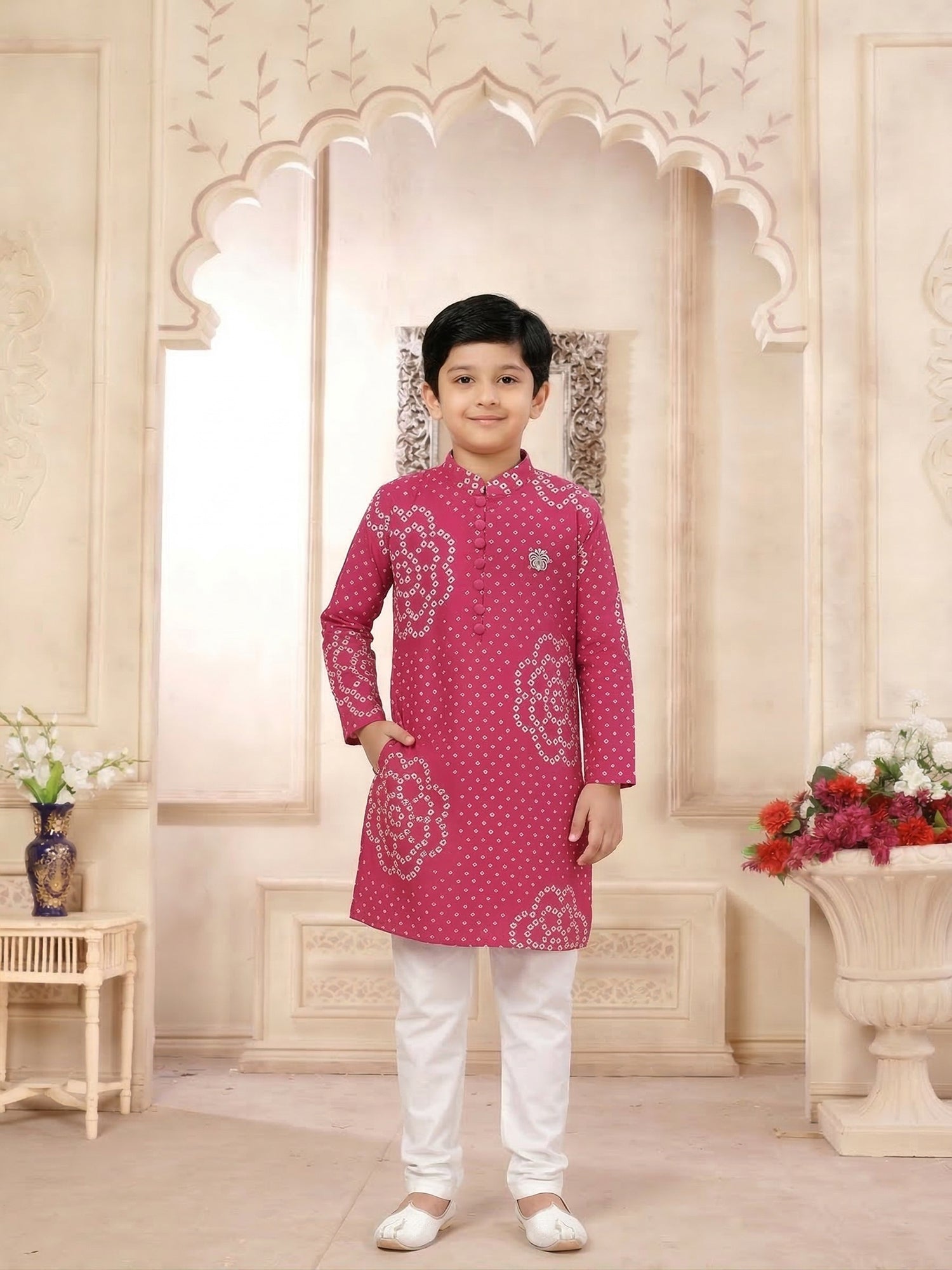 Pspeaches Boy Magenta Ethnic Bandhani Straight Fit Cotton Kurta With Pyjamas (Sku-Kp-Magentabandhni)