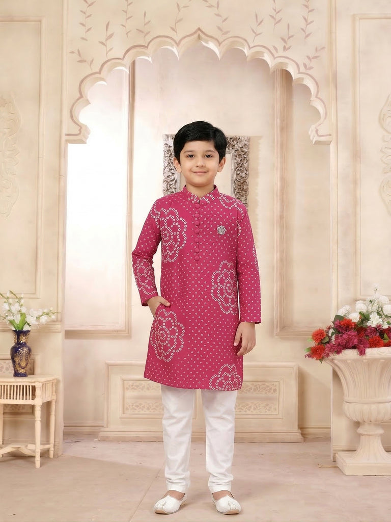 Pspeaches Boy Magenta Ethnic Bandhani Straight Fit Cotton Kurta With Pyjamas (Sku-Kp-Magentabandhni)