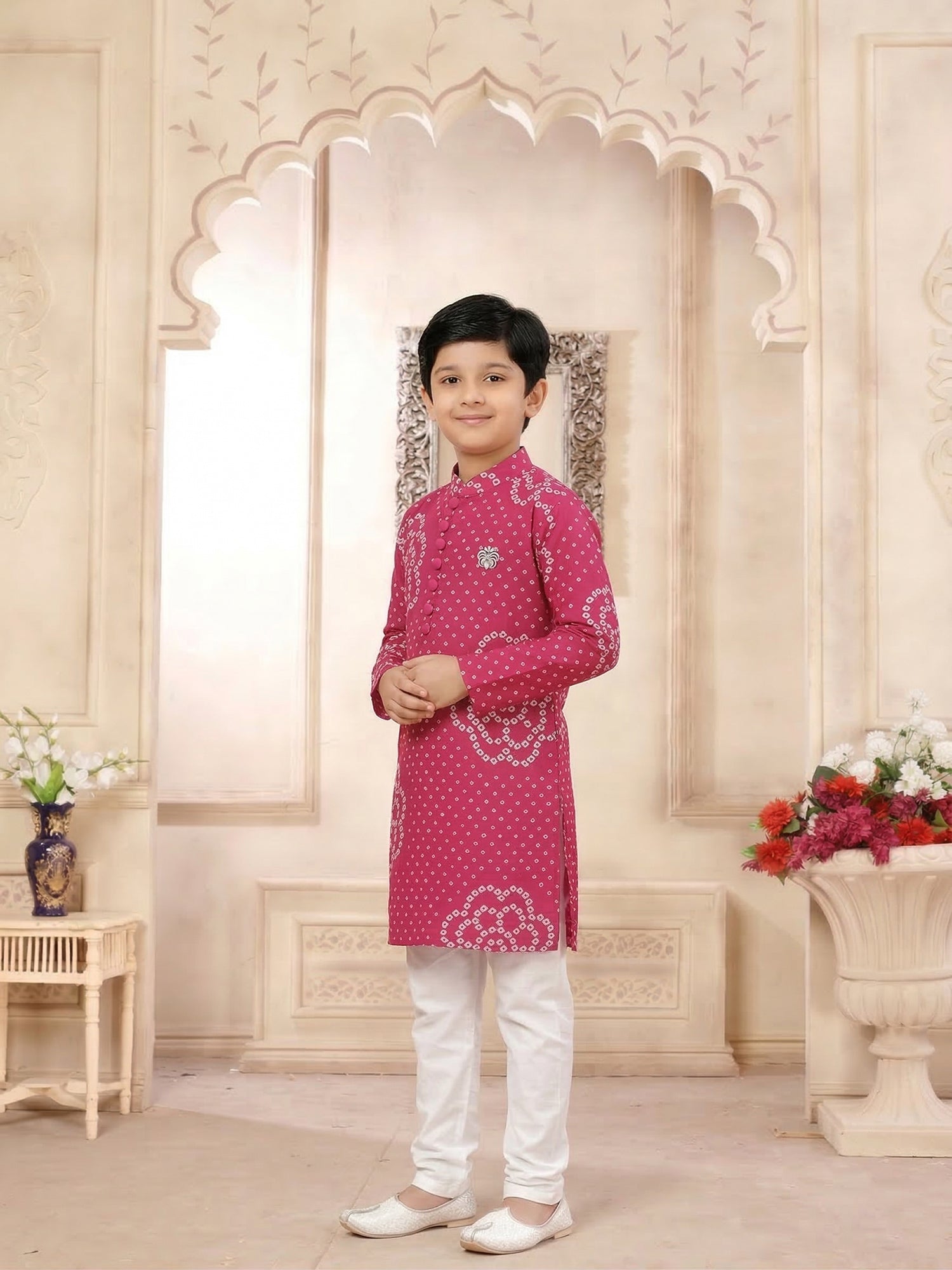 Pspeaches Boy Magenta Ethnic Bandhani Straight Fit Cotton Kurta With Pyjamas (Sku-Kp-Magentabandhni)
