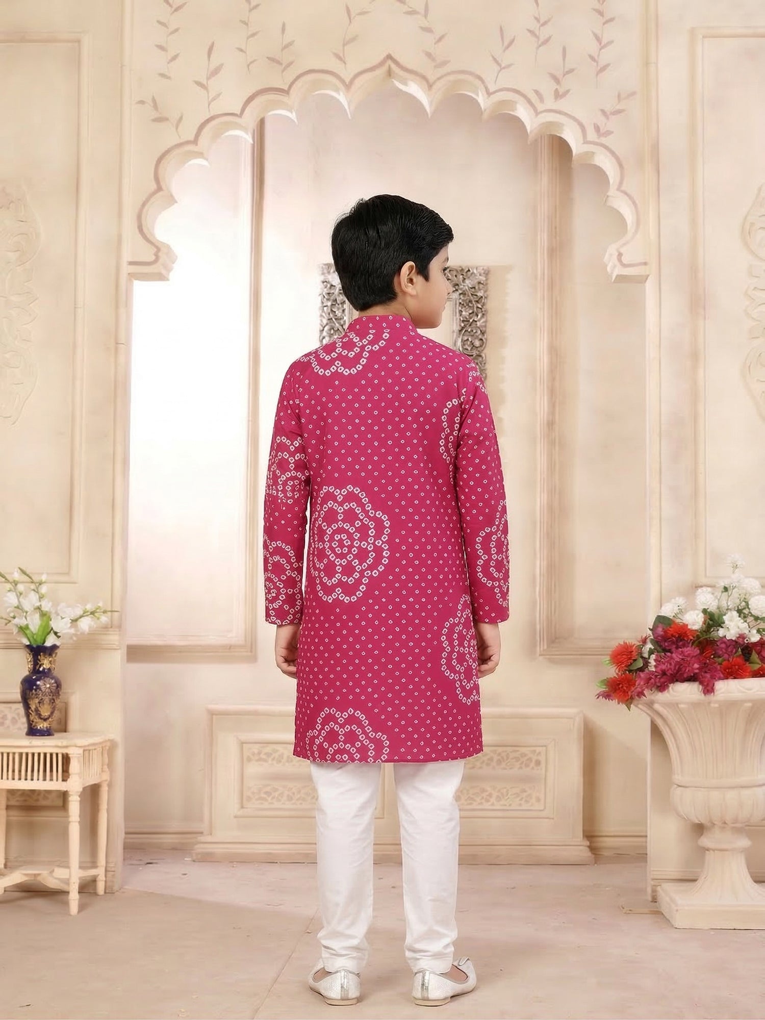 Pspeaches Boy Magenta Ethnic Bandhani Straight Fit Cotton Kurta With Pyjamas (Sku-Kp-Magentabandhni)