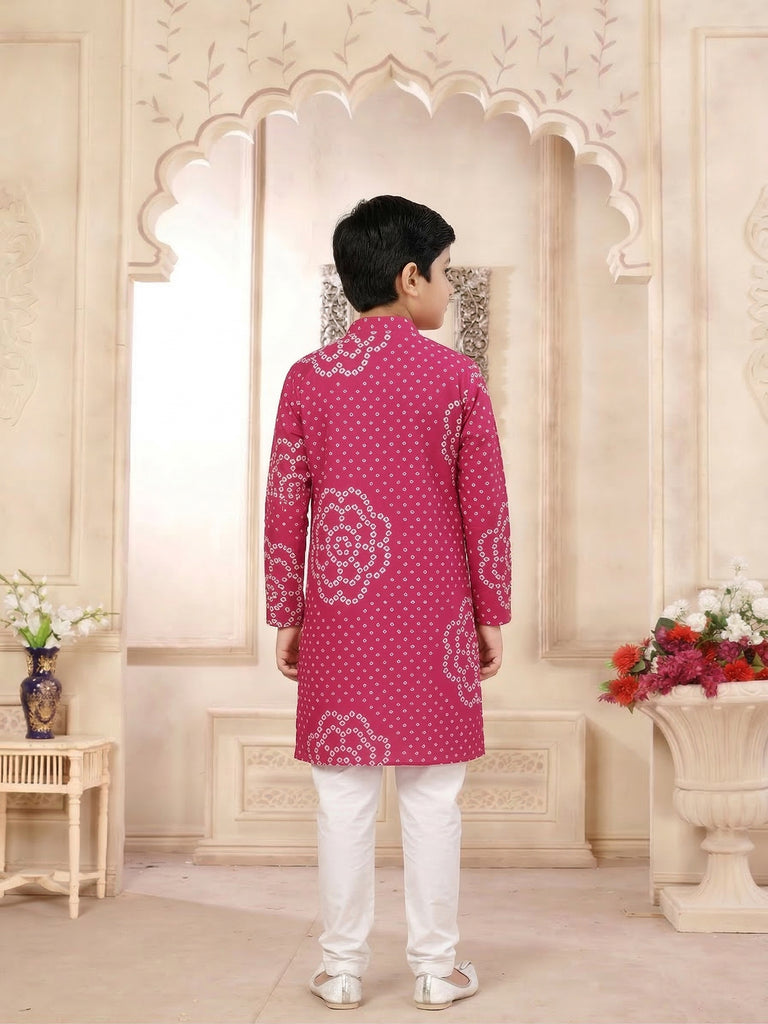 Pspeaches Boy Magenta Ethnic Bandhani Straight Fit Cotton Kurta With Pyjamas (Sku-Kp-Magentabandhni)