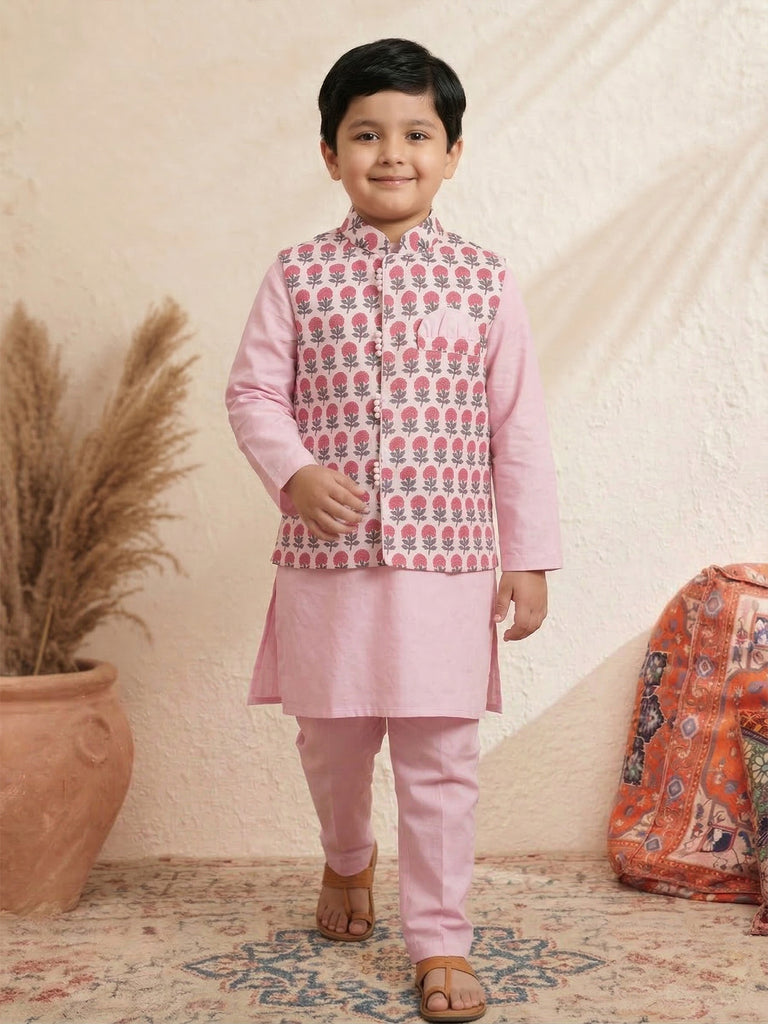 Pspeaches Boy Pink Ethnic Solid Straight Fit Cotton Kurta & Pyjamas With printed Jacket (Sku-Kp-Magentapink)