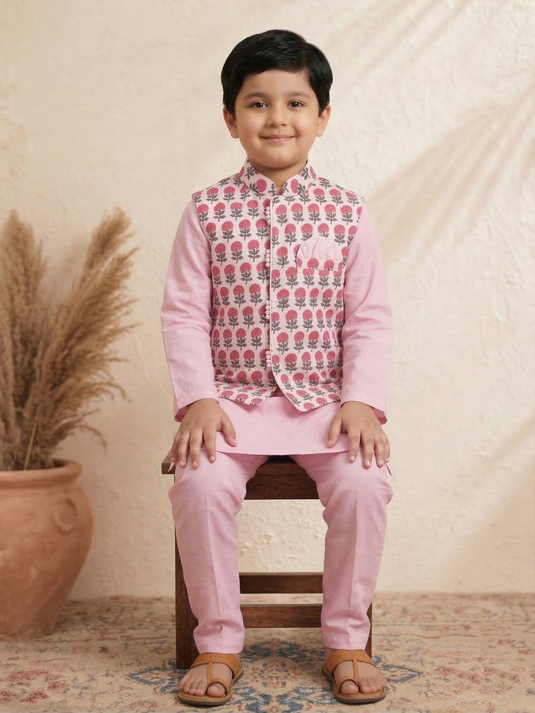 Pspeaches Boy Pink Ethnic Solid Straight Fit Cotton Kurta & Pyjamas With printed Jacket (Sku-Kp-Magentapink)