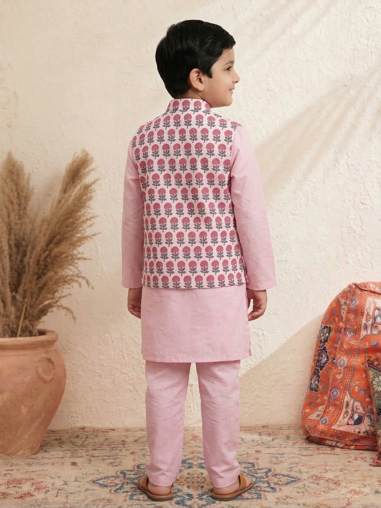 Pspeaches Boy Pink Ethnic Solid Straight Fit Cotton Kurta & Pyjamas With printed Jacket (Sku-Kp-Magentapink)