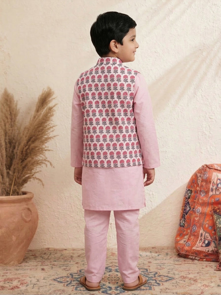 Pspeaches Boy Pink Ethnic Solid Straight Fit Cotton Kurta & Pyjamas With printed Jacket (Sku-Kp-Magentapink)