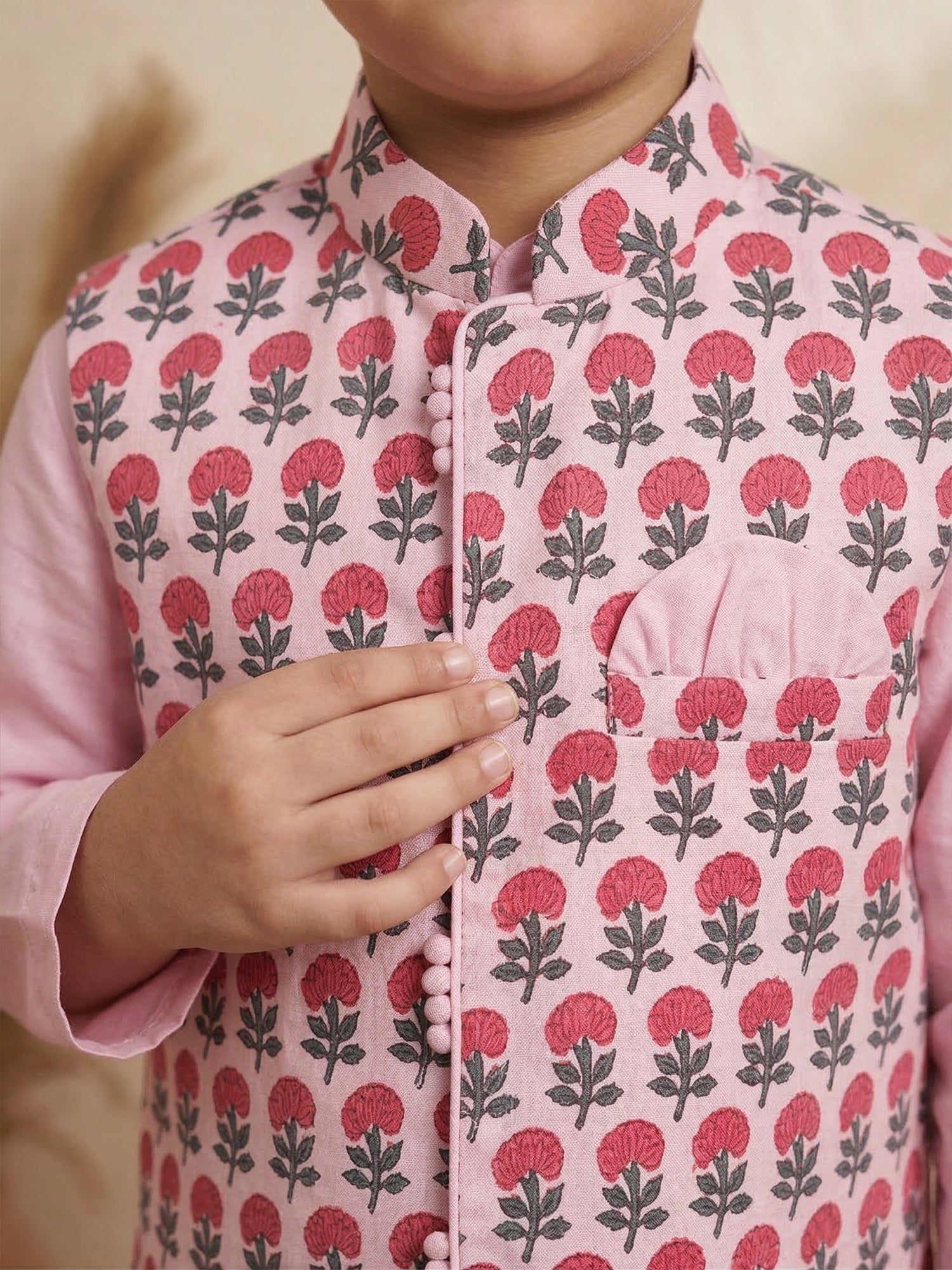 Pspeaches Boy Pink Ethnic Solid Straight Fit Cotton Kurta & Pyjamas With printed Jacket (Sku-Kp-Magentapink)
