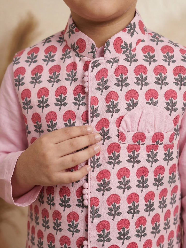 Pspeaches Boy Pink Ethnic Solid Straight Fit Cotton Kurta & Pyjamas With printed Jacket (Sku-Kp-Magentapink)