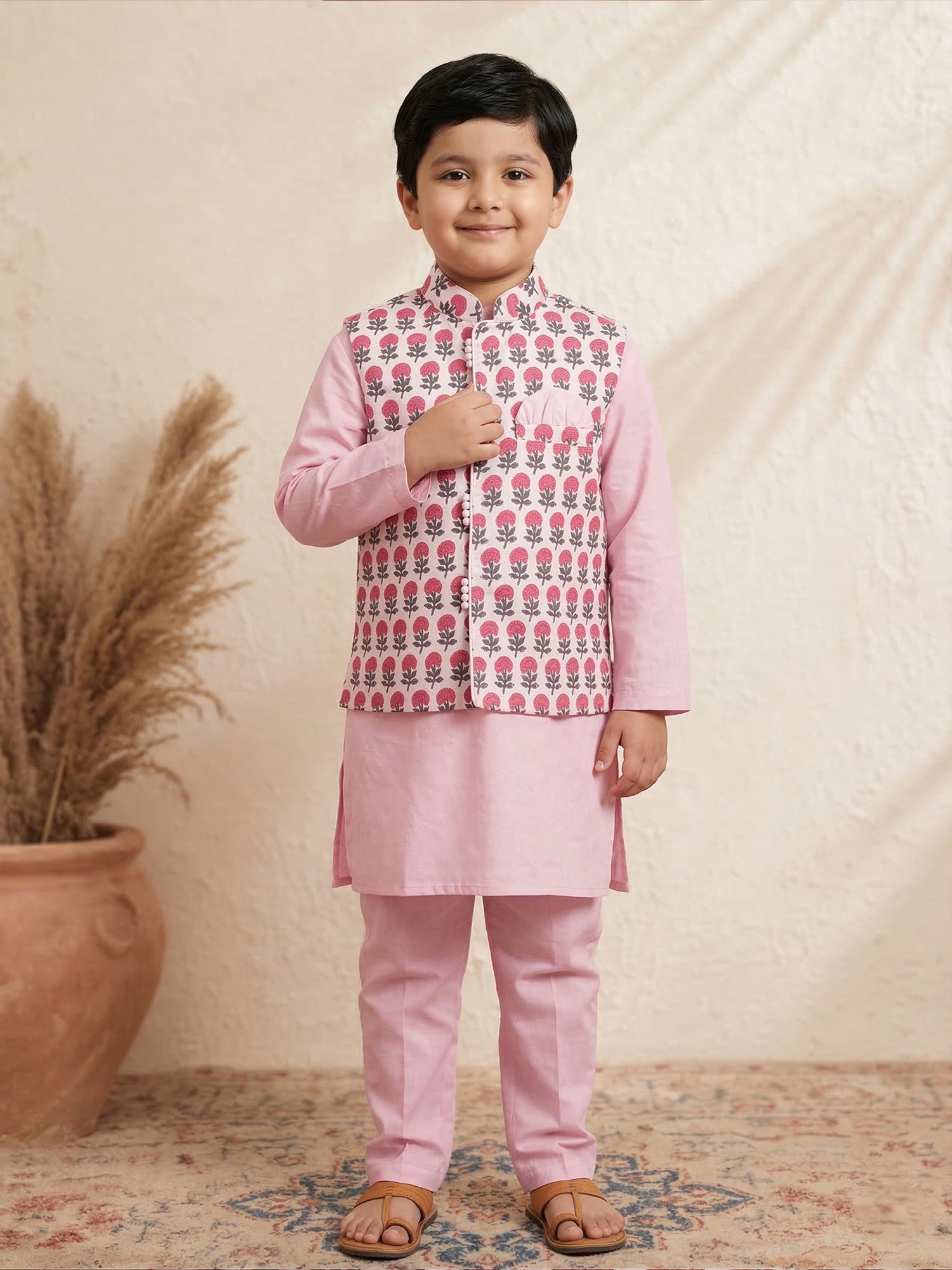 Pspeaches Boy Pink Ethnic Solid Straight Fit Cotton Kurta & Pyjamas With printed Jacket (Sku-Kp-Magentapink)