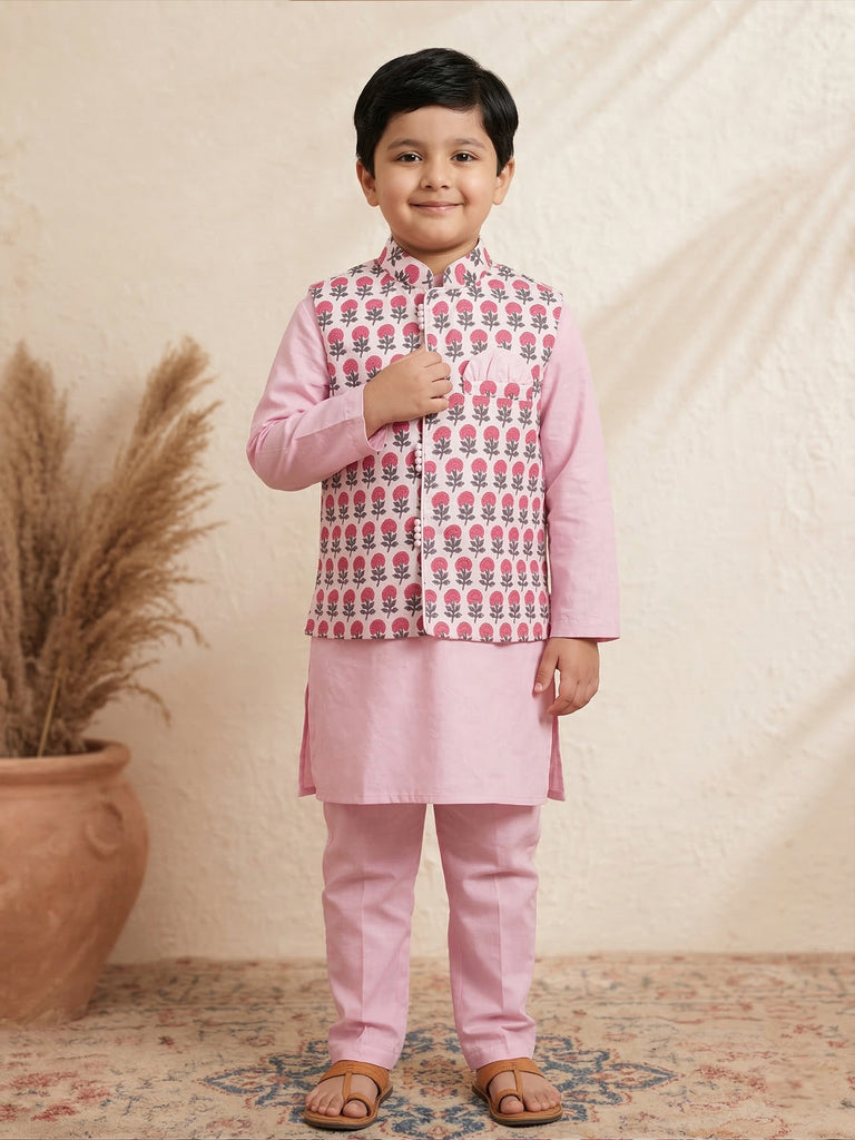 Pspeaches Boy Pink Ethnic Solid Straight Fit Cotton Kurta & Pyjamas With printed Jacket (Sku-Kp-Magentapink)