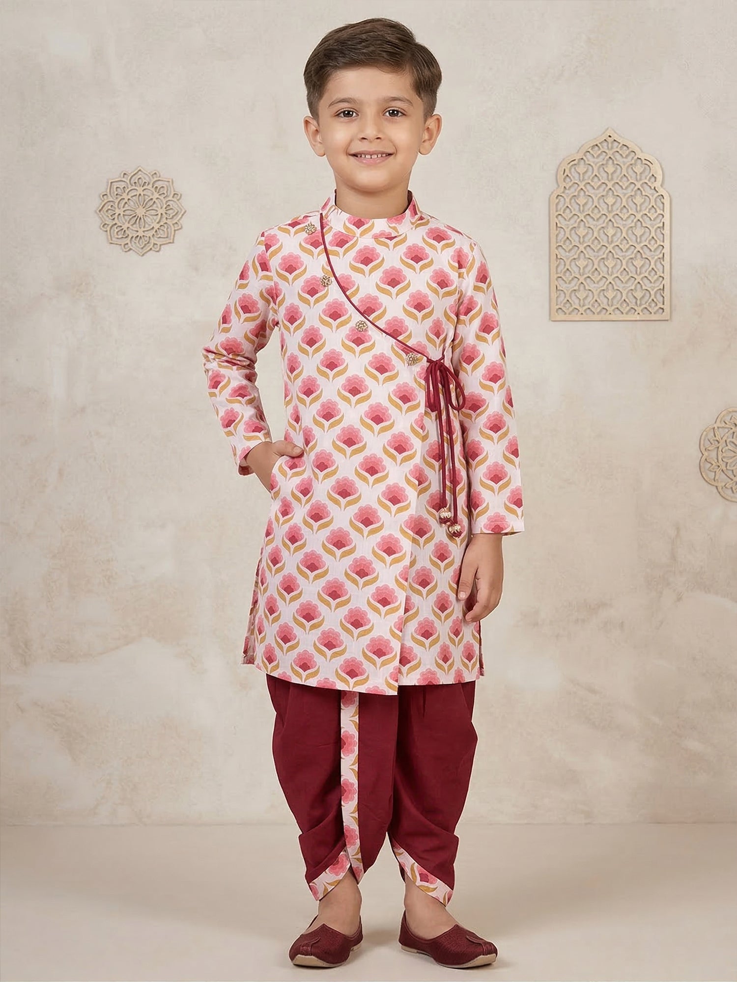 Pspeaches Boy Pink Ethnic Floral Print Angrakha Cotton Kurta With Dhoti Pant (Sku-Kp-Maroonwtbooti)