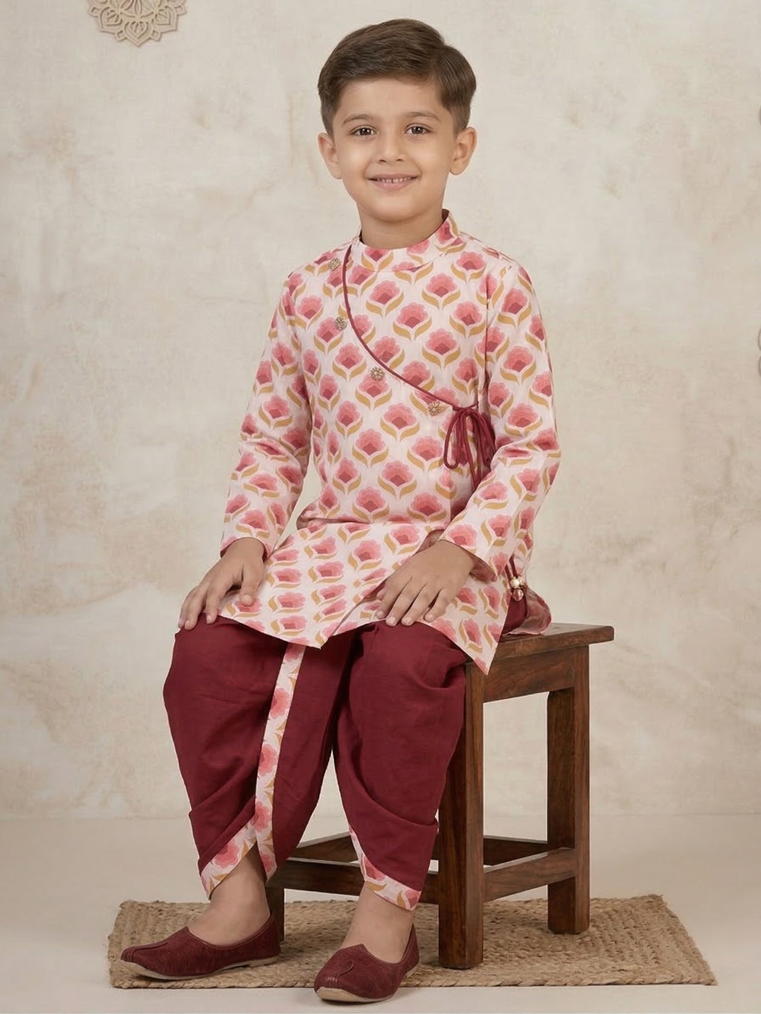 Pspeaches Boy Pink Ethnic Floral Print Angrakha Cotton Kurta With Dhoti Pant (Sku-Kp-Maroonwtbooti)
