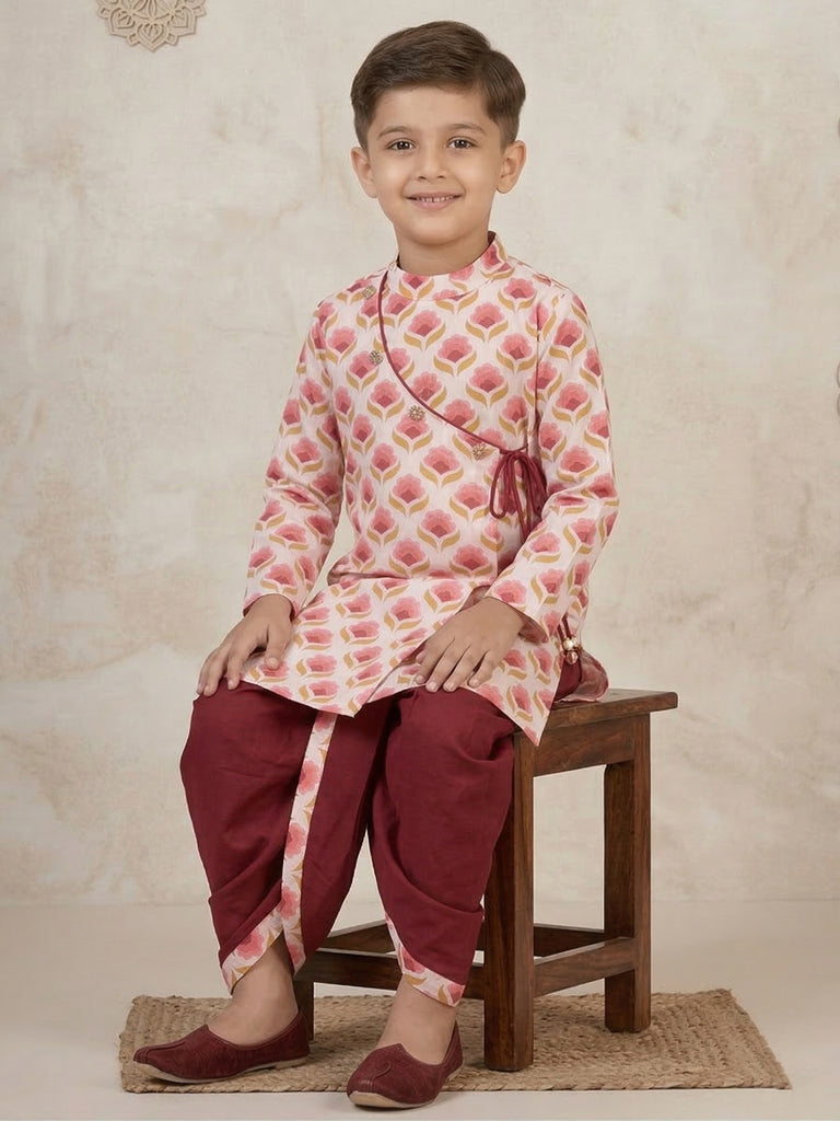 Pspeaches Boy Pink Ethnic Floral Print Angrakha Cotton Kurta With Dhoti Pant (Sku-Kp-Maroonwtbooti)