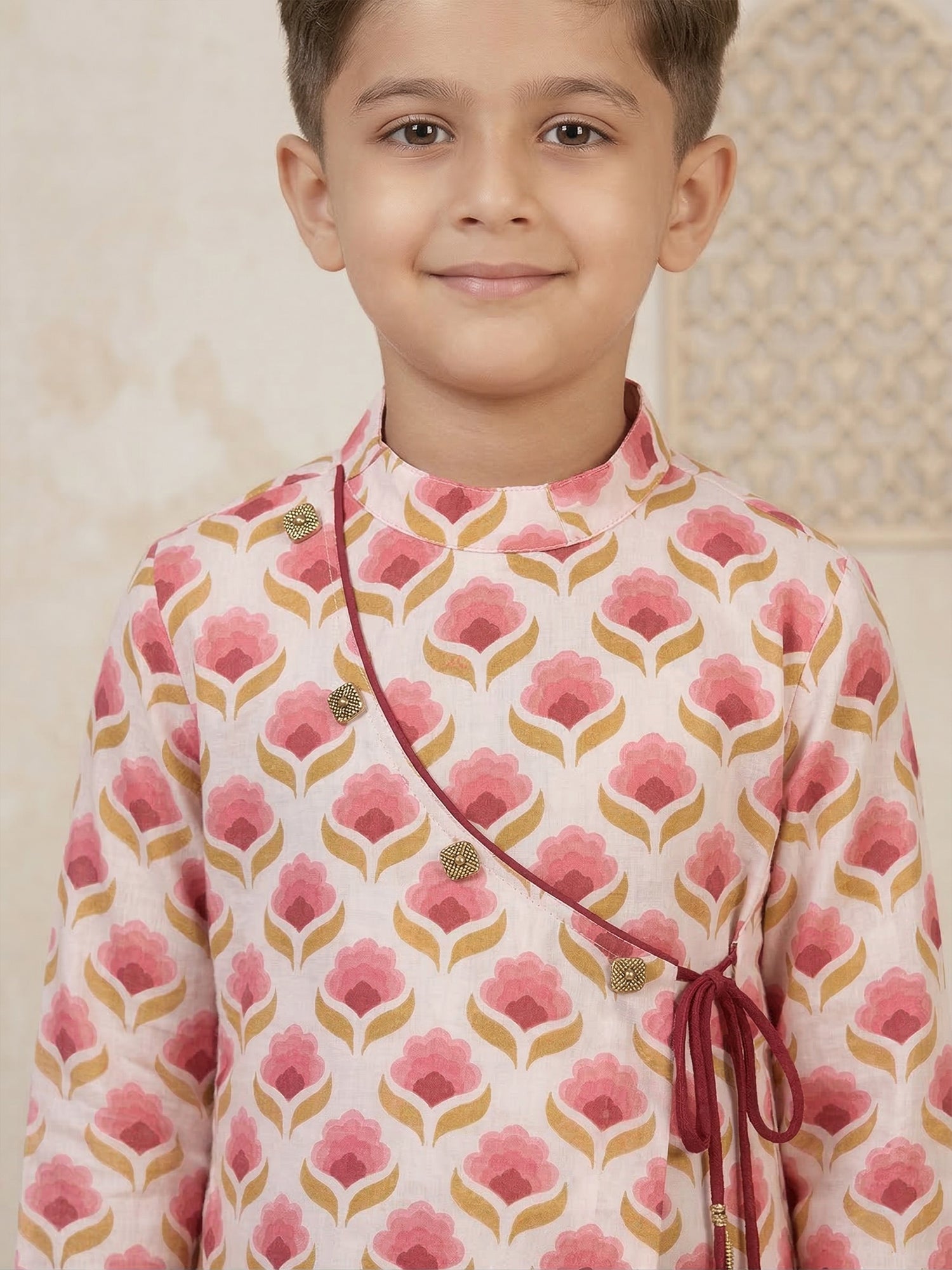 Pspeaches Boy Pink Ethnic Floral Print Angrakha Cotton Kurta With Dhoti Pant (Sku-Kp-Maroonwtbooti)