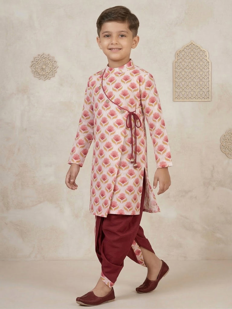Pspeaches Boy Pink Ethnic Floral Print Angrakha Cotton Kurta With Dhoti Pant (Sku-Kp-Maroonwtbooti)