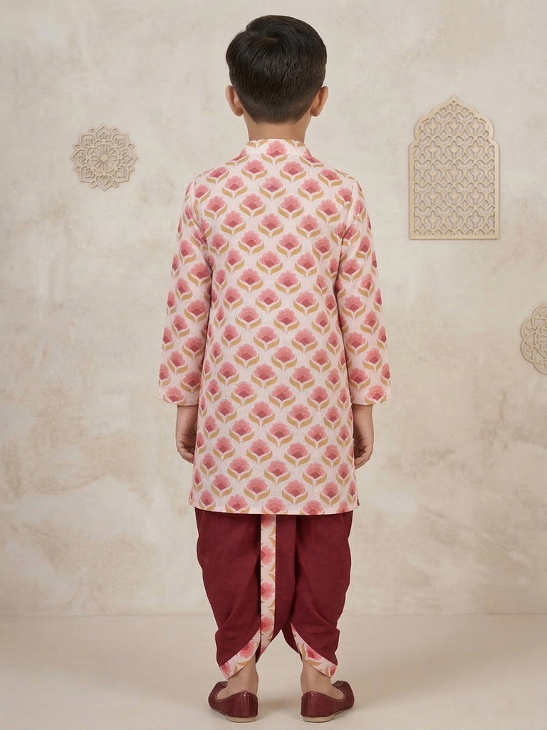 Pspeaches Boy Pink Ethnic Floral Print Angrakha Cotton Kurta With Dhoti Pant (Sku-Kp-Maroonwtbooti)