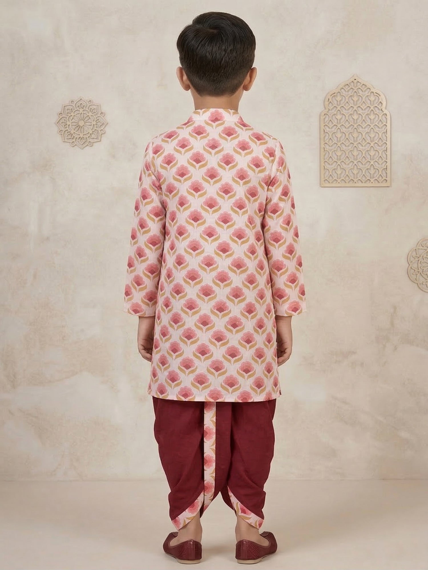 Pspeaches Boy Pink Ethnic Floral Print Angrakha Cotton Kurta With Dhoti Pant (Sku-Kp-Maroonwtbooti)