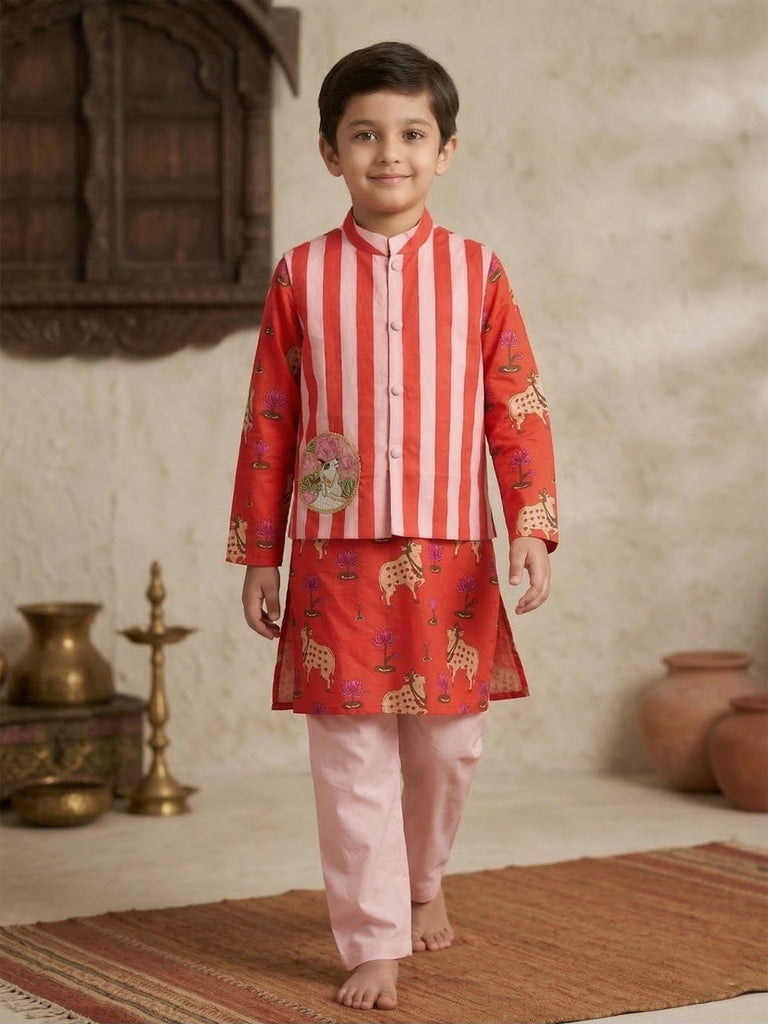 Pspeaches Boy Red Ethnic Pichwai Printed Straight Fit Cotton Kurta & Pyjamas With Jacket (Sku-Kp-Orangestripe)