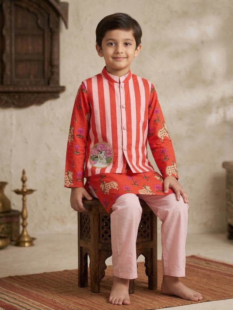 Pspeaches Boy Red Ethnic Pichwai Printed Straight Fit Cotton Kurta & Pyjamas With Jacket (Sku-Kp-Orangestripe)