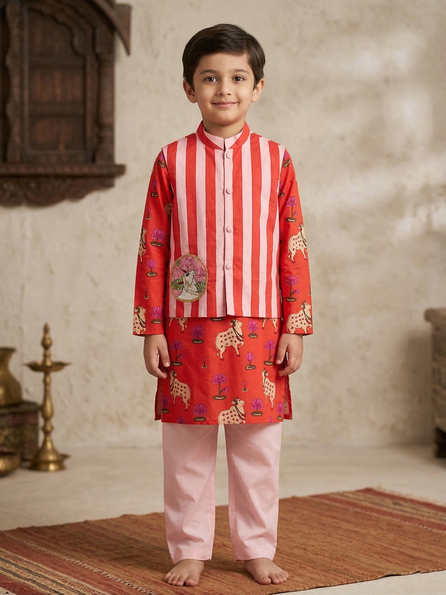 Pspeaches Boy Red Ethnic Pichwai Printed Straight Fit Cotton Kurta & Pyjamas With Jacket (Sku-Kp-Orangestripe)