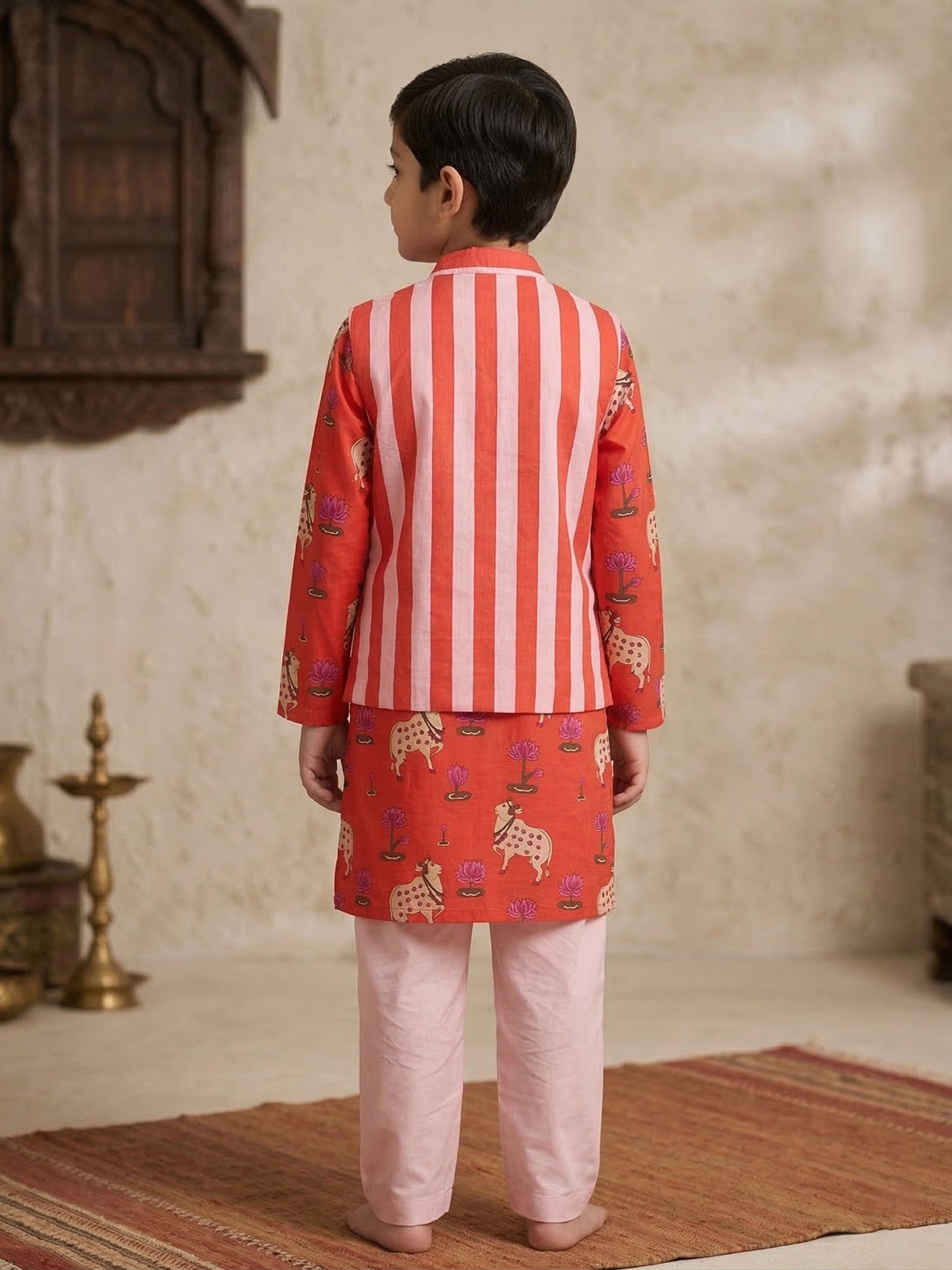 Pspeaches Boy Red Ethnic Pichwai Printed Straight Fit Cotton Kurta & Pyjamas With Jacket (Sku-Kp-Orangestripe)