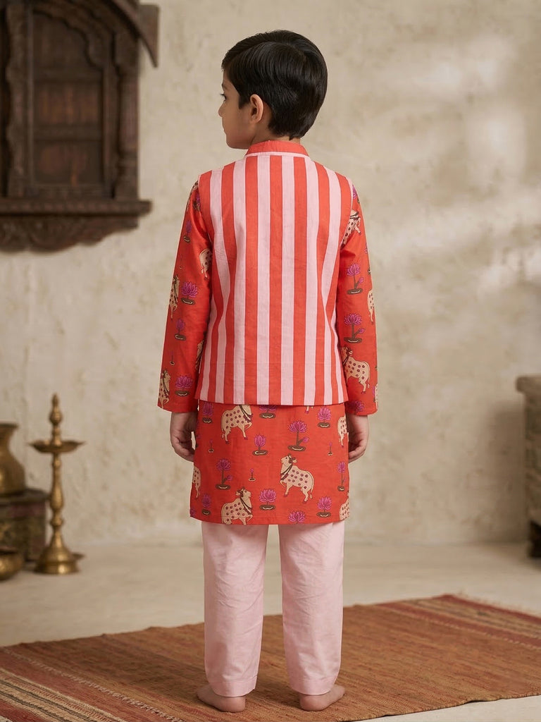 Pspeaches Boy Red Ethnic Pichwai Printed Straight Fit Cotton Kurta & Pyjamas With Jacket (Sku-Kp-Orangestripe)