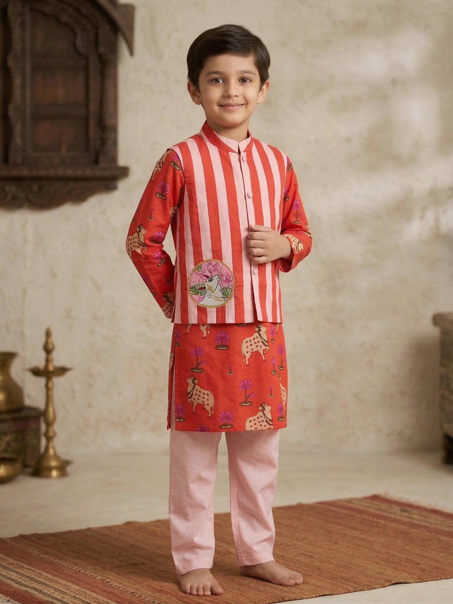 Pspeaches Boy Red Ethnic Pichwai Printed Straight Fit Cotton Kurta & Pyjamas With Jacket (Sku-Kp-Orangestripe)