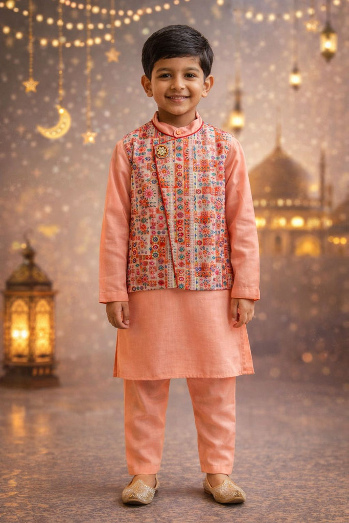 Pspeaches Boys Peach Ethnic Motif Rayon Slub Straight Fit Kurta With Pyjama & Jacket ( Sku-Kp-Peachbamboo )