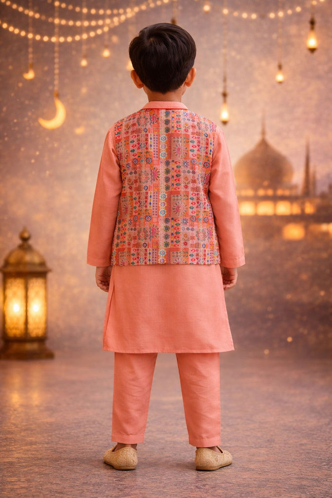 Pspeaches Boys Peach Ethnic Motif Rayon Slub Straight Fit Kurta With Pyjama & Jacket ( Sku-Kp-Peachbamboo )