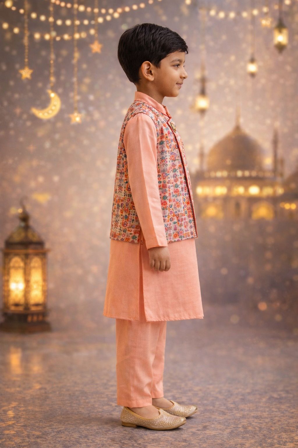 Pspeaches Boys Peach Ethnic Motif Rayon Slub Straight Fit Kurta With Pyjama & Jacket ( Sku-Kp-Peachbamboo )
