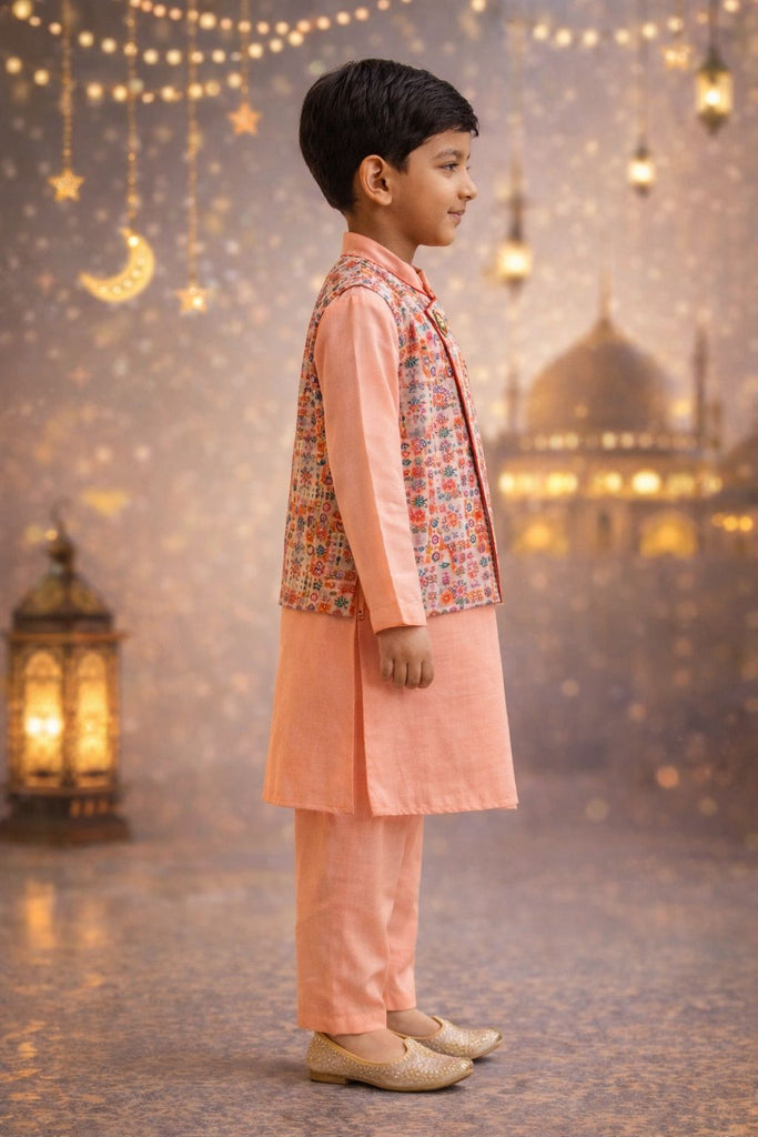 Pspeaches Boys Peach Ethnic Motif Rayon Slub Straight Fit Kurta With Pyjama & Jacket ( Sku-Kp-Peachbamboo )