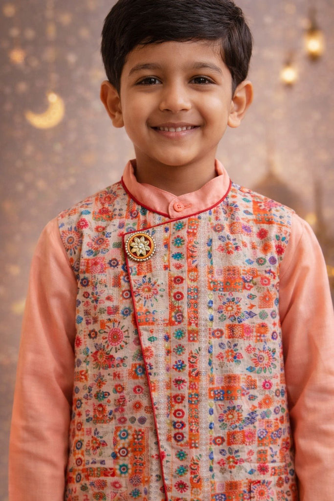Pspeaches Boys Peach Ethnic Motif Rayon Slub Straight Fit Kurta With Pyjama & Jacket ( Sku-Kp-Peachbamboo )