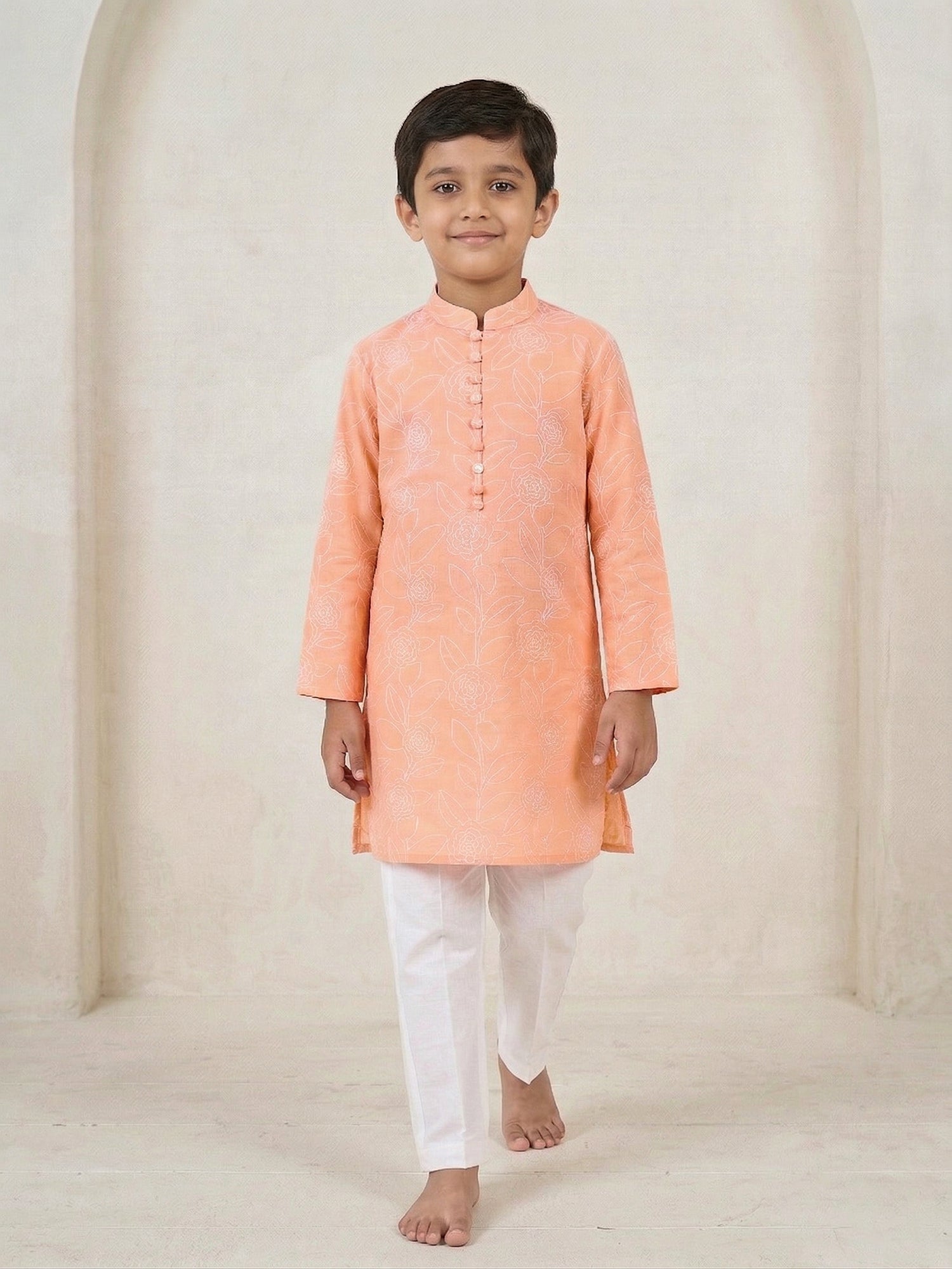 Pspeaches Boy Peach Ethnic Printed Straight Fit Cotton Kurta With Pyjamas (Sku-Kp-Peachoffwhite)