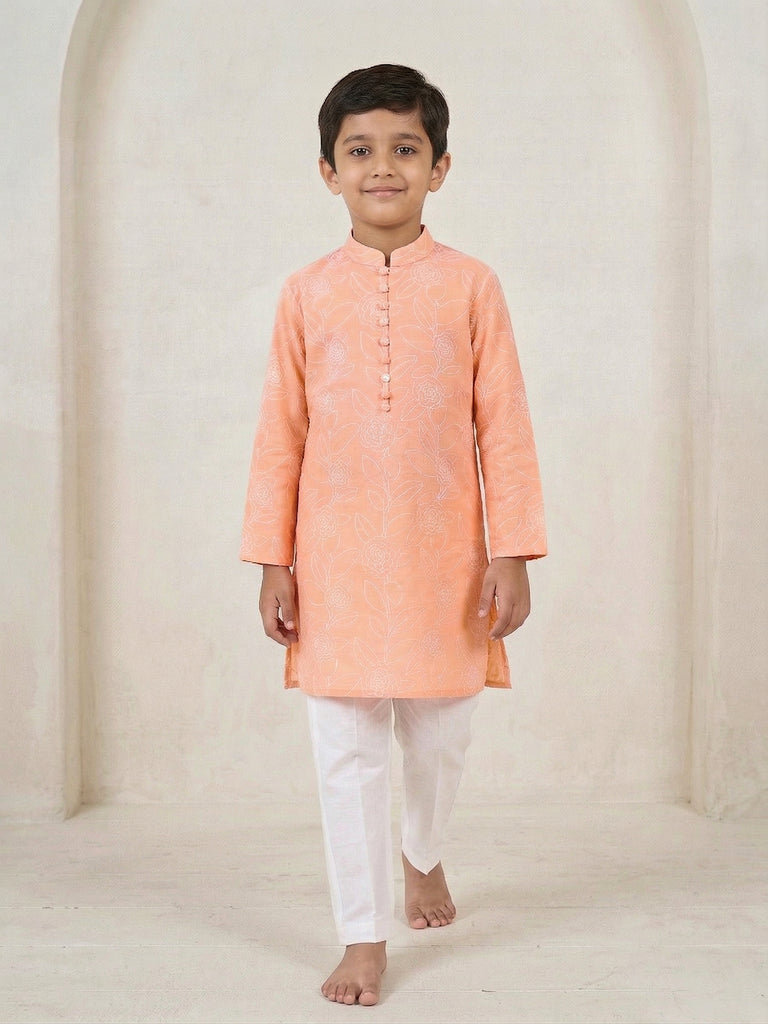 Pspeaches Boy Peach Ethnic Printed Straight Fit Cotton Kurta With Pyjamas (Sku-Kp-Peachoffwhite)