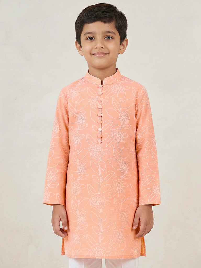 Pspeaches Boy Peach Ethnic Printed Straight Fit Cotton Kurta With Pyjamas (Sku-Kp-Peachoffwhite)