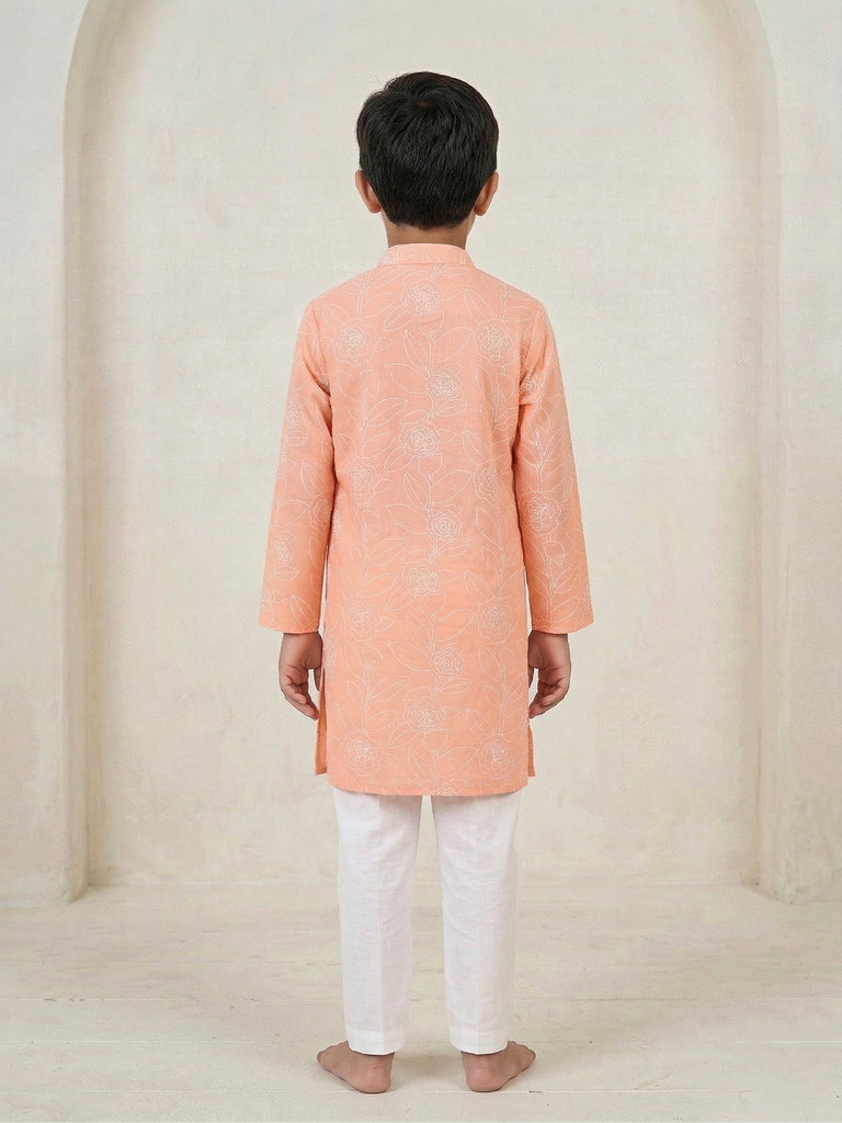 Pspeaches Boy Peach Ethnic Printed Straight Fit Cotton Kurta With Pyjamas (Sku-Kp-Peachoffwhite)