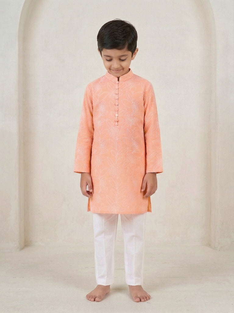 Pspeaches Boy Peach Ethnic Printed Straight Fit Cotton Kurta With Pyjamas (Sku-Kp-Peachoffwhite)