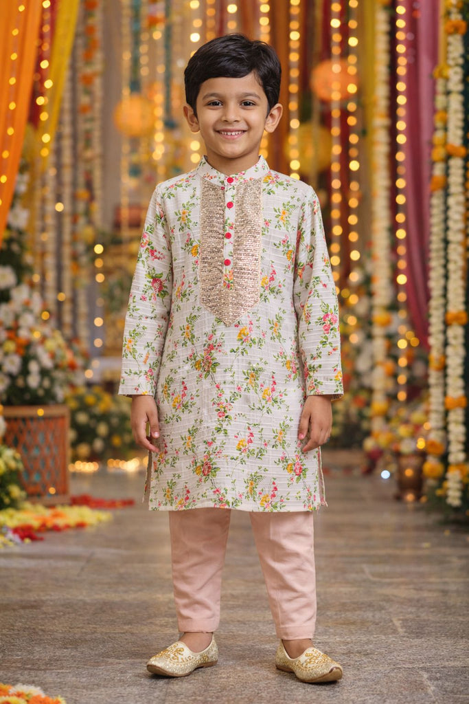 Pspeaches Boys Peach & Offwhite Ethnic Floral Printed Sugarcane A-Line Kurta With Pyjama Set ( Sku-Kp-Peachshimmer )