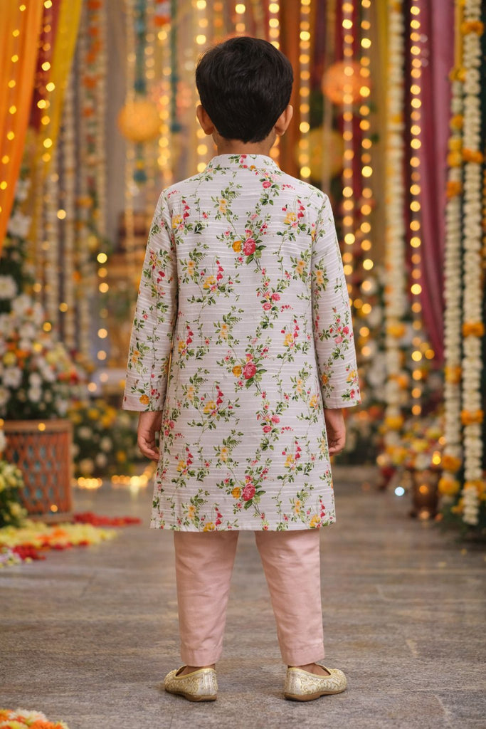 Pspeaches Boys Peach & Offwhite Ethnic Floral Printed Sugarcane A-Line Kurta With Pyjama Set ( Sku-Kp-Peachshimmer )