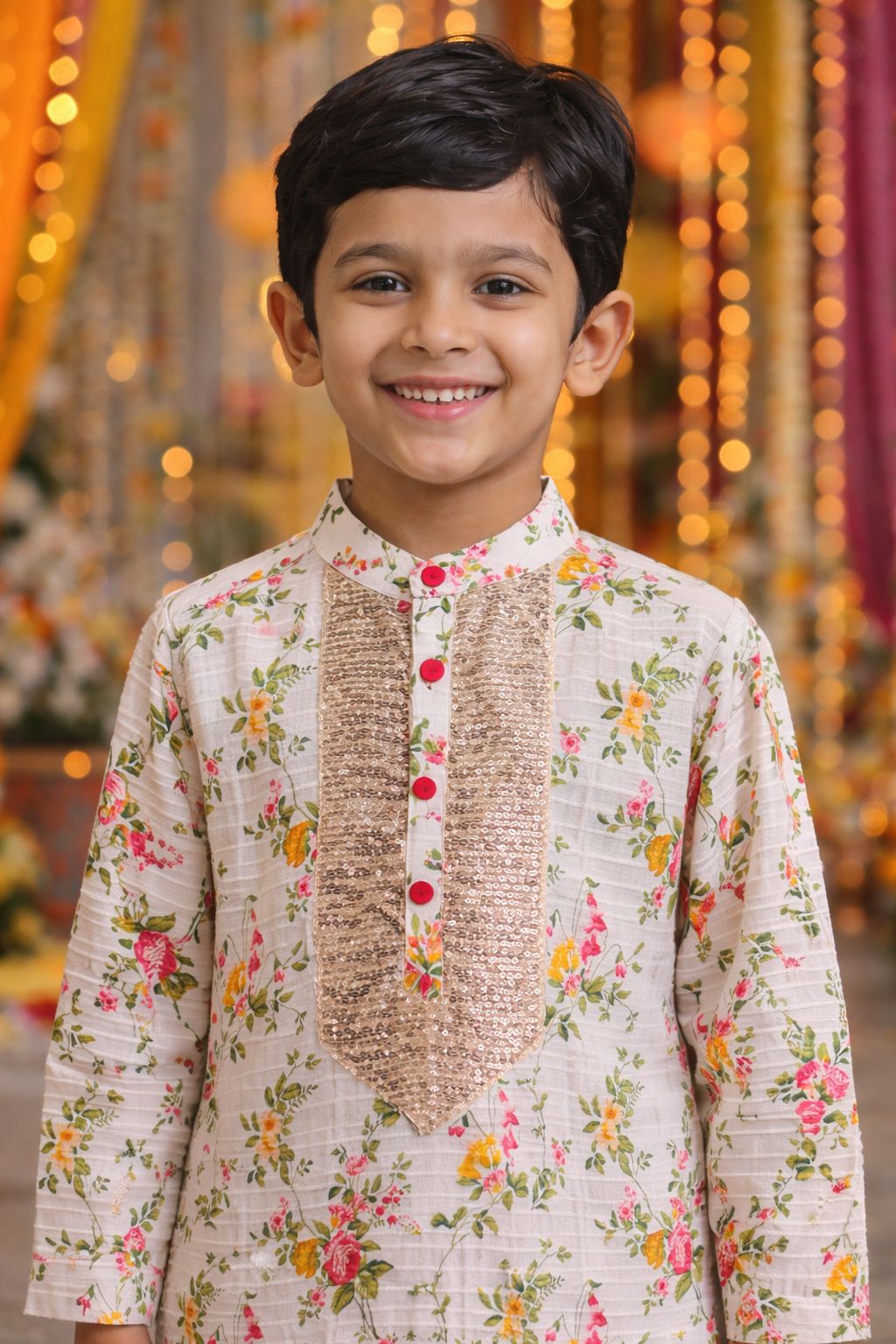 Pspeaches Boys Peach & Offwhite Ethnic Floral Printed Sugarcane A-Line Kurta With Pyjama Set ( Sku-Kp-Peachshimmer )
