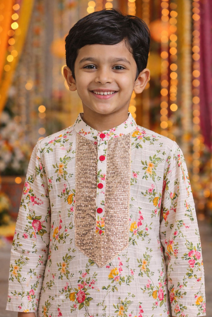 Pspeaches Boys Peach & Offwhite Ethnic Floral Printed Sugarcane A-Line Kurta With Pyjama Set ( Sku-Kp-Peachshimmer )