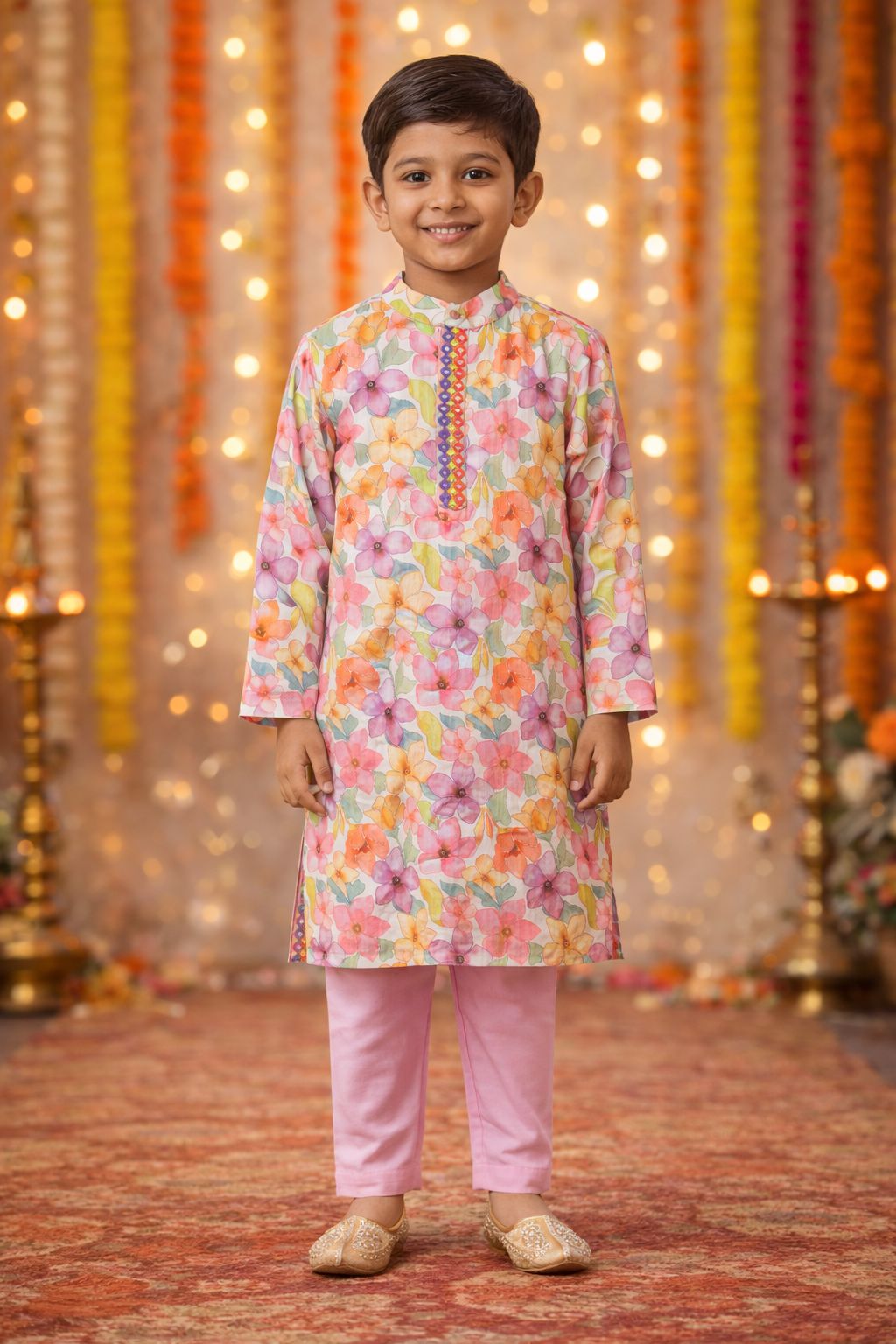 Pspeaches Boys Pink Ethnic Floral Printed Sugarcane A-Line Kurta With Pyjama Set ( Sku-Kp-Pinkfloralmirror )