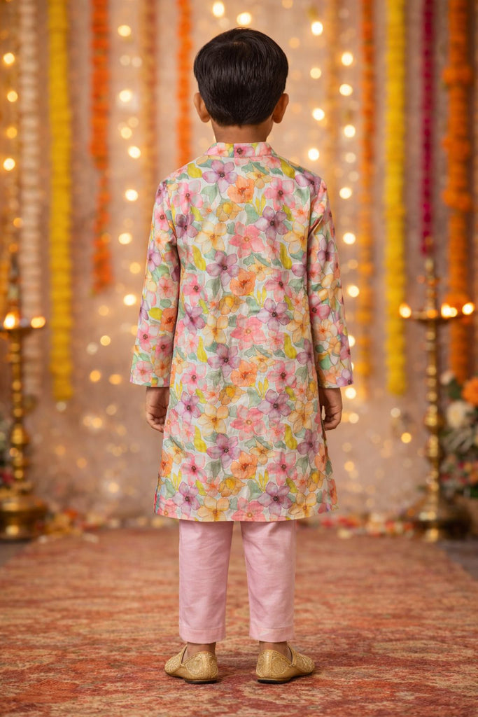 Pspeaches Boys Pink Ethnic Floral Printed Sugarcane A-Line Kurta With Pyjama Set ( Sku-Kp-Pinkfloralmirror )