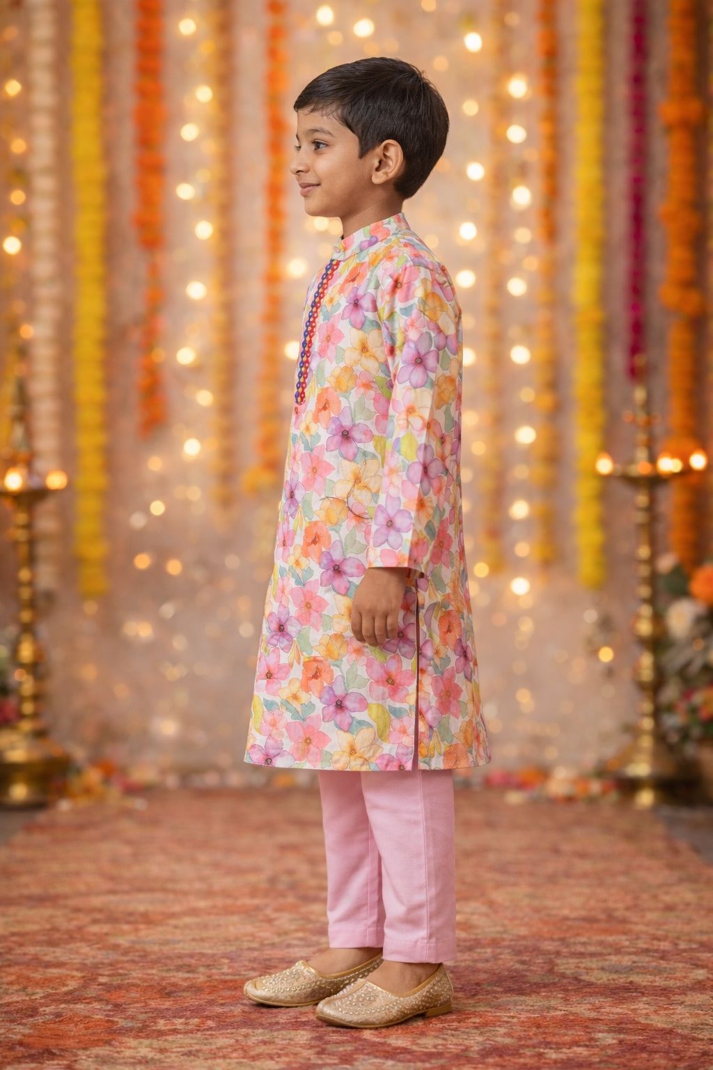Pspeaches Boys Pink Ethnic Floral Printed Sugarcane A-Line Kurta With Pyjama Set ( Sku-Kp-Pinkfloralmirror )
