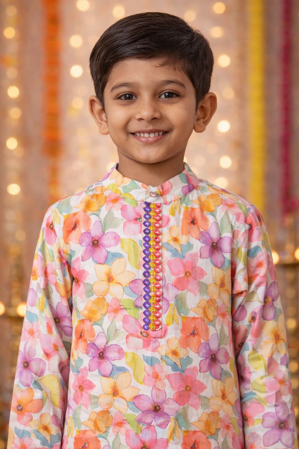 Pspeaches Boys Pink Ethnic Floral Printed Sugarcane A-Line Kurta With Pyjama Set ( Sku-Kp-Pinkfloralmirror )