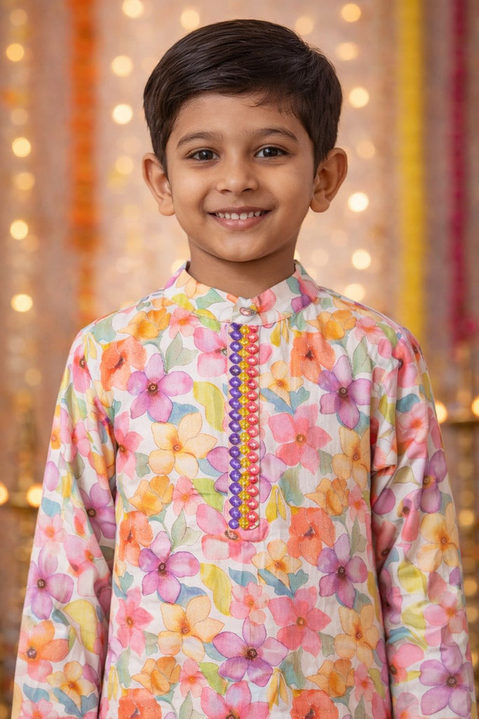 Pspeaches Boys Pink Ethnic Floral Printed Sugarcane A-Line Kurta With Pyjama Set ( Sku-Kp-Pinkfloralmirror )