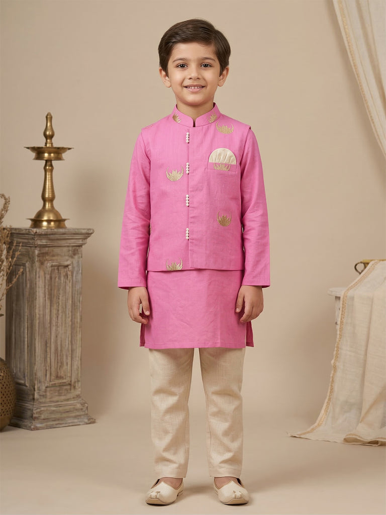 Pspeaches Boy Pink Ethnic Solid Straight Fit Cotton Kurta & Pyjamas With Moon Print Jacket (Sku-Kp-Pinkmoon)